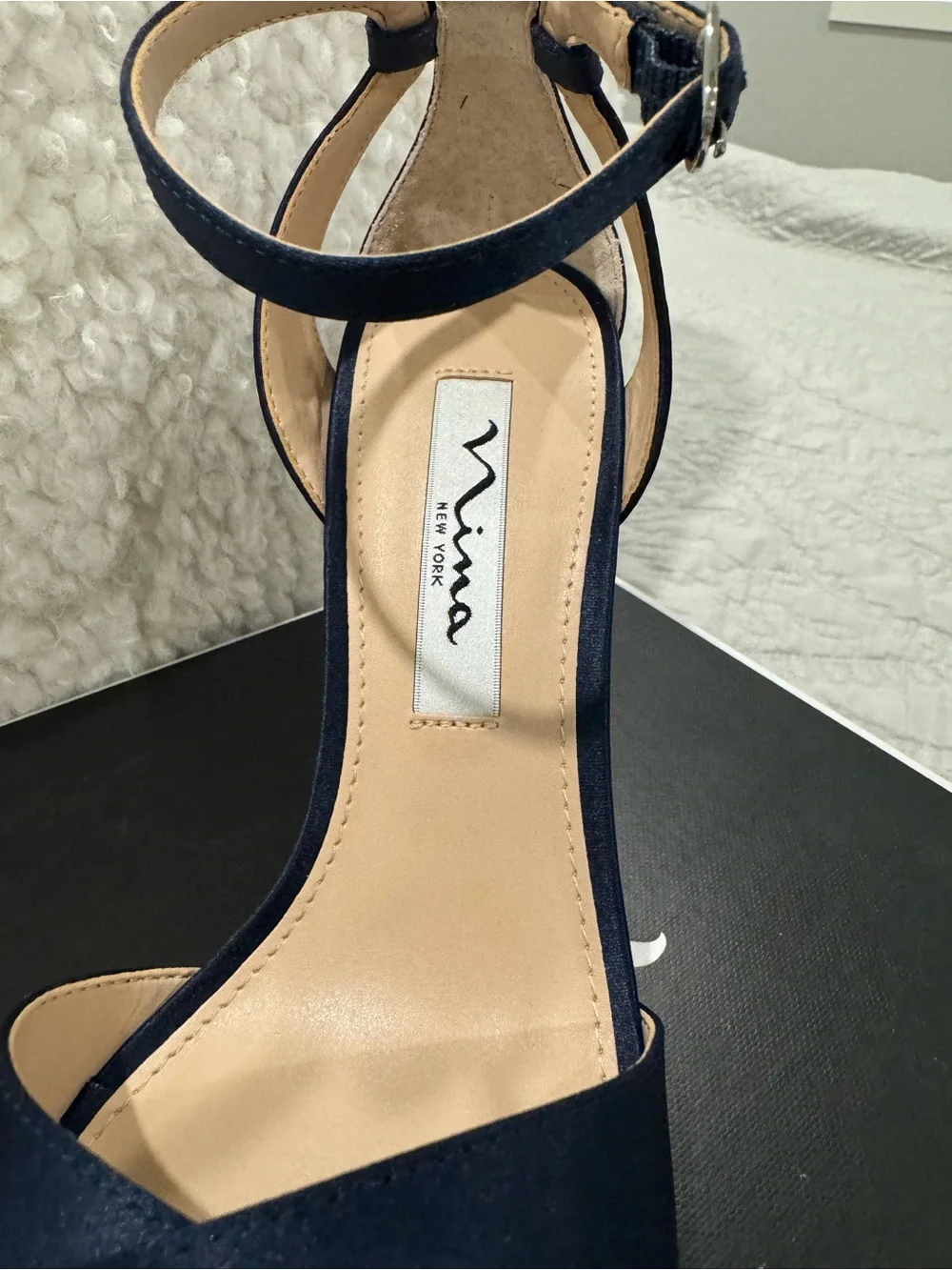 Nina Navy Satin Crisscross Ankle-Strap Heels